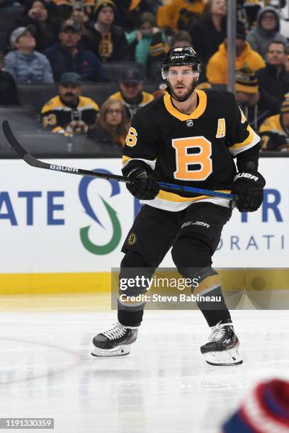 David Krejci of the Boston Bruins skates against the Montreal Canadiens at the TD Garden on December 1, 2019 in Boston, Massachusetts.