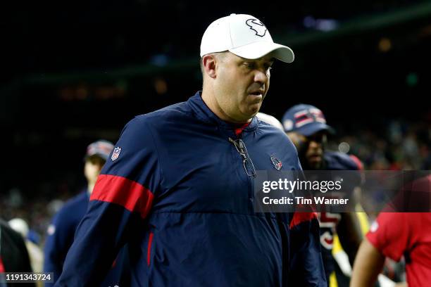 Head coach Bill O'Brien of the Houston Texans walks to the locker room at halftime against the New England Patriots in the game at NRG Stadium on...