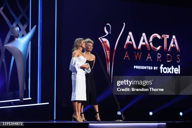 Asha Boswarva and Leeanna Walsman present the AACTA Award for Best Casting during the 2019 AACTA Awards Presented by Foxtel | Industry Luncheon at...