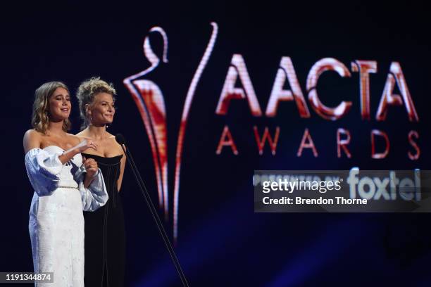 Asha Boswarva and Leeanna Walsman present the AACTA Award for Best Casting during the 2019 AACTA Awards Presented by Foxtel | Industry Luncheon at...