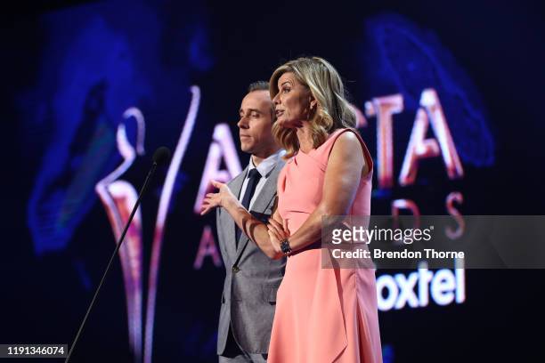 Deborah Hutton and Benedict Hardie present the AACTA Award for Best Editing in Television during the 2019 AACTA Awards Presented by Foxtel | Industry...
