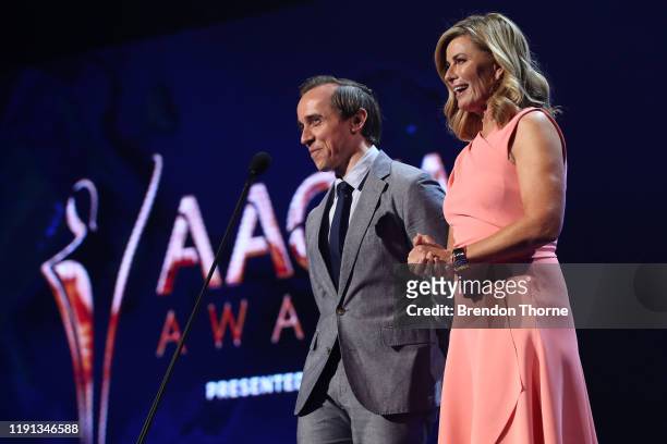Deborah Hutton and Benedict Hardie present the AACTA Award for Best Editing during the 2019 AACTA Awards Presented by Foxtel | Industry Luncheon at...