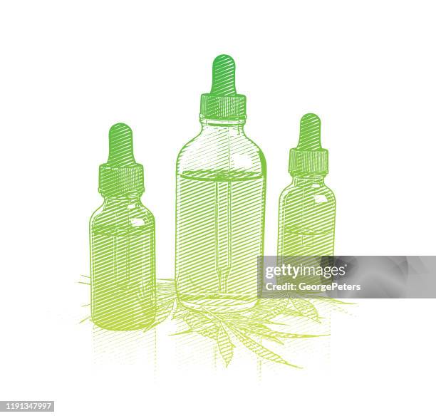 bottles of cbd oil with hemp leaves - cannabis oil stock illustrations