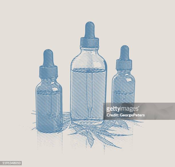 ilustrações, clipart, desenhos animados e ícones de garrafas de óleo cbd com folhas de cânhamo - marijuana herbal cannabis
