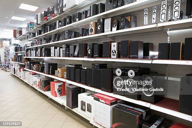 speakers on display in an electronics store - electrical shop stock pictures, royalty-free photos & images