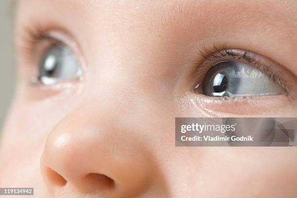 a baby boy after a crying tantrum, extreme close up of eyes - teardrop stockfoto's en -beelden