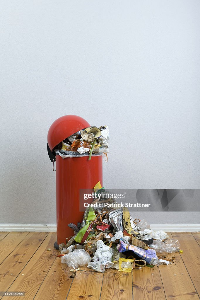 An overflowing garbage can of rotting food and recyclables