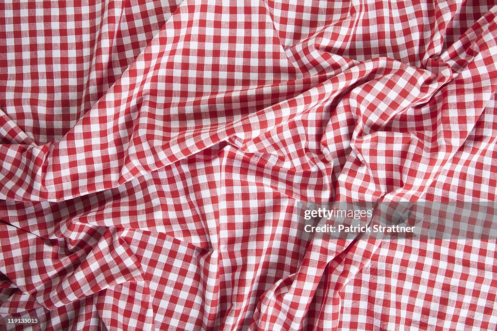 A wrinkled gingham picnic blanket