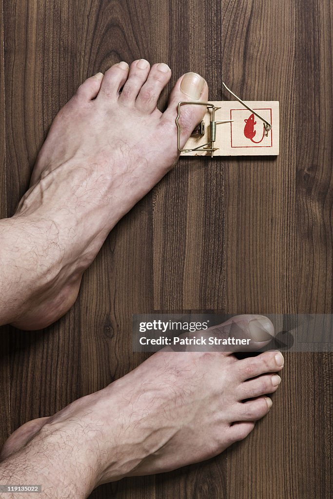 A man's big toe trapped in a mousetrap, close-up of foot