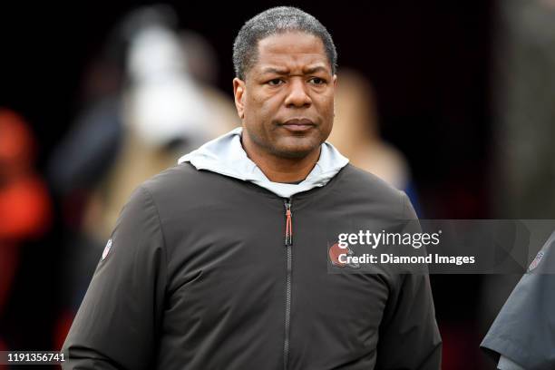 Defensive coordinator Steve Wilks of the Cleveland Browns walks onto the field at halftime of a game against the Cincinnati Bengals on December 8,...
