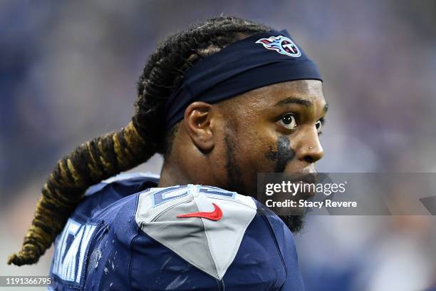 Derrick Henry of the Tennessee Titans watches action during a game against the Indianapolis Colts at Lucas Oil Stadium on December 01, 2019 in...