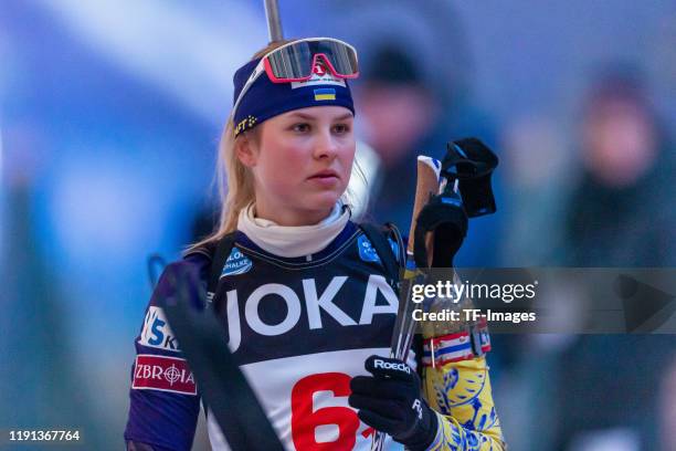 Katerina Bekh of Ukraine looks on during the Biathlon World Team Challenge at Veltins Arena on December 28, 2019 in Gelsenkirchen, Germany.