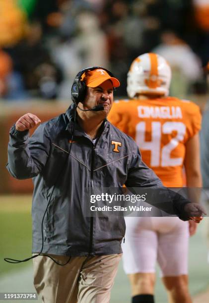 Head coach Jeremy Pruitt of the Tennessee Volunteers shouts to his players during the second quarter of the game against the Vanderbilt Commodores at...