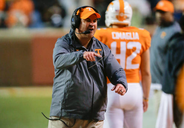 Head coach Jeremy Pruitt of the Tennessee Volunteers shouts to his players during the second quarter of the game against the Vanderbilt Commodores at...