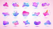 Vector 3d gradient spots set with line shapes isolated. Abstract elements for trendy vibrant color design. Use tags, labels, background. Fluid blots, wavy drops, flowing elements.