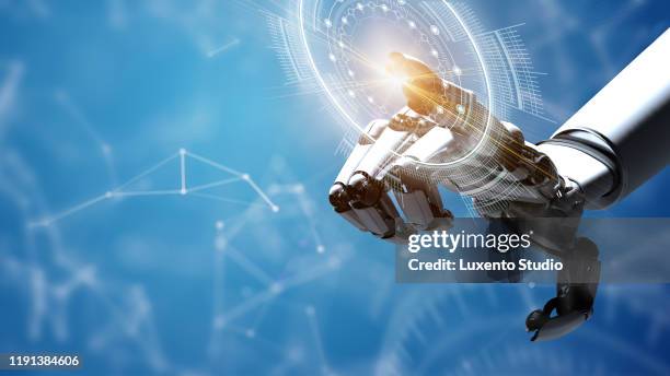 3d robotics arm touching hud hologram interface user to access cyber industrial system as artificial intelligence commander. technology and science concept. digital transformation futuristics and disruptive innovation internot of things - artificial arm stock pictures, royalty-free photos & images