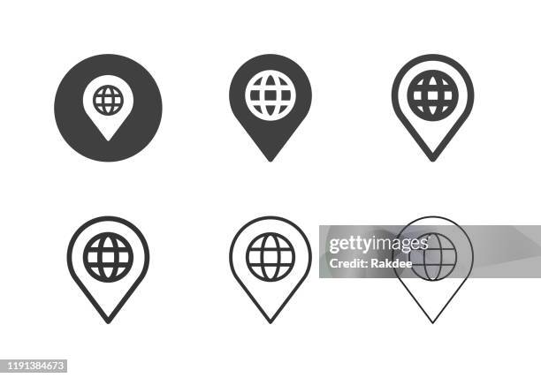 illustrazioni stock, clip art, cartoni animati e icone di tendenza di icone di posizione globale - serie multi - planisfero fisico