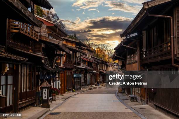 narai-juku, japan. picturesque view of old japanese town - japanische kultur stock-fotos und bilder