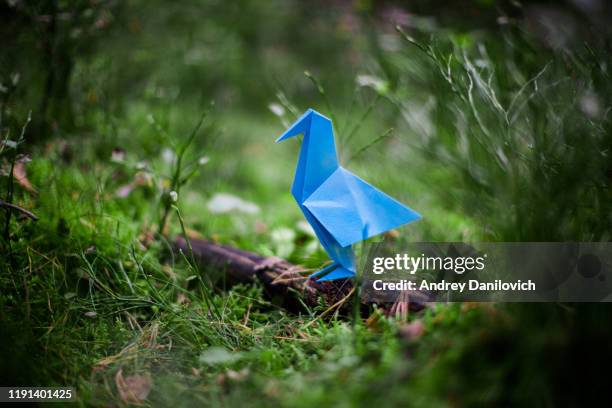 oiseau bleu d'origami sur une branche - origami photos et images de collection