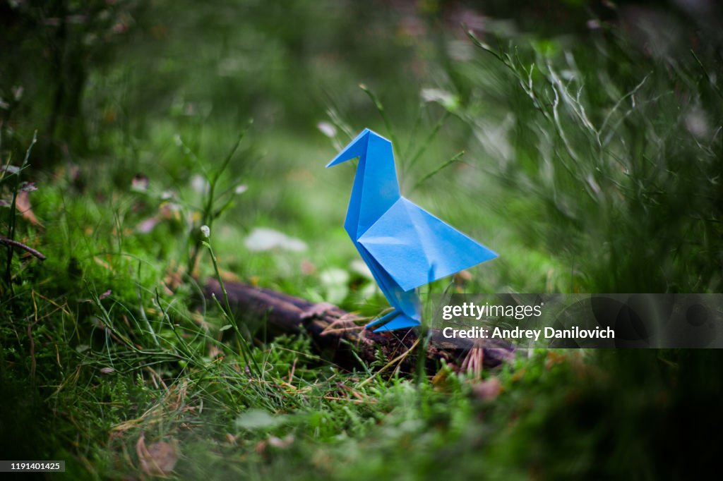 Blue origami bird on a branch