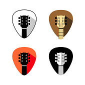 Guitar headstock . Mediator shape design musical symbol. Guitar school or lessons sign with variations.