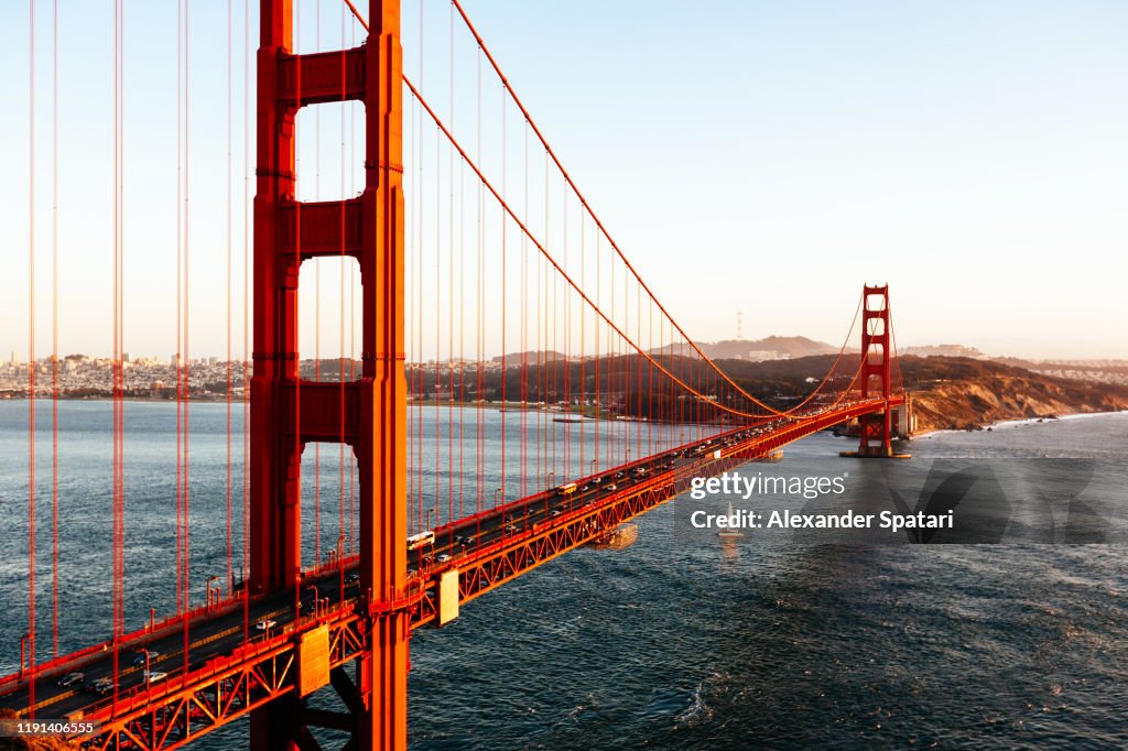 Aerial view of Golden Gate Bridge at sunset, San Fransisco, California, USA