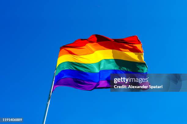 rainbow flag waving in the wind against clear blue sky - drapeau arc en ciel photos et images de collection