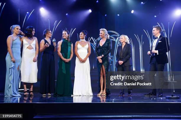 Daria Gavrilova, Kimberly Birrell, Ashleigh Barty, Samantha Stosur, Priscilla Hon and Alicia Molik speak during the 2019 Newcombe Medal at Crown...