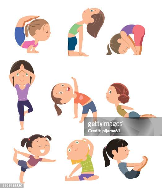 set von yoga-posen - kids gymnastics stock-grafiken, -clipart, -cartoons und -symbole