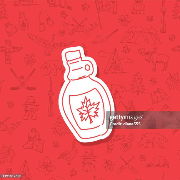 doodle canada icon on pattern background - maple syrup stock illustrations