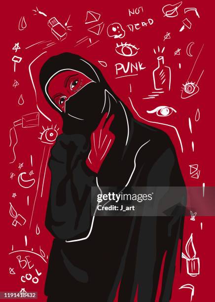 muslim girl in hijab showing peace sigh with her fingers. - punk rock poster stock pictures, royalty-free photos & images