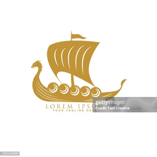 viking ship floating logo design template - boat logo stock illustrations