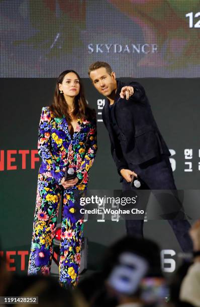 Adria Arjona and Ryan Reynolds attend the world premiere of Netflix's '6 Underground' at Dongdaemun Design Plaza on December 02, 2019 in Seoul, South...