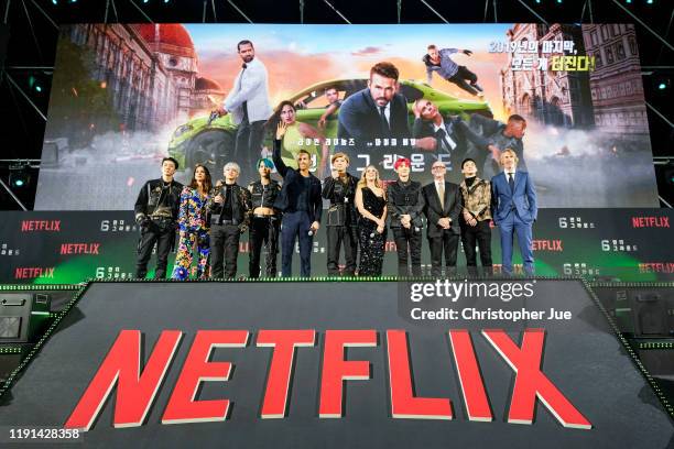 Members and 6 Underground cast attend the world premiere of Netflix's '6 Underground' at Dongdaemun Design Plaza on December 02, 2019 in Seoul, South...