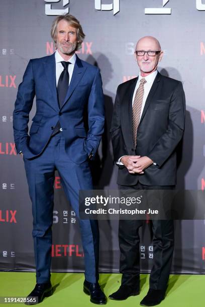 Michael Bay and Ian Bryce attend the world premiere of Netflix's '6 Underground' at Dongdaemun Design Plaza on December 02, 2019 in Seoul, South...