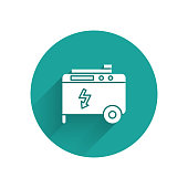 White Portable power electric generator icon isolated with long shadow. Industrial and home immovable power generator. Green circle button. Vector Illustration