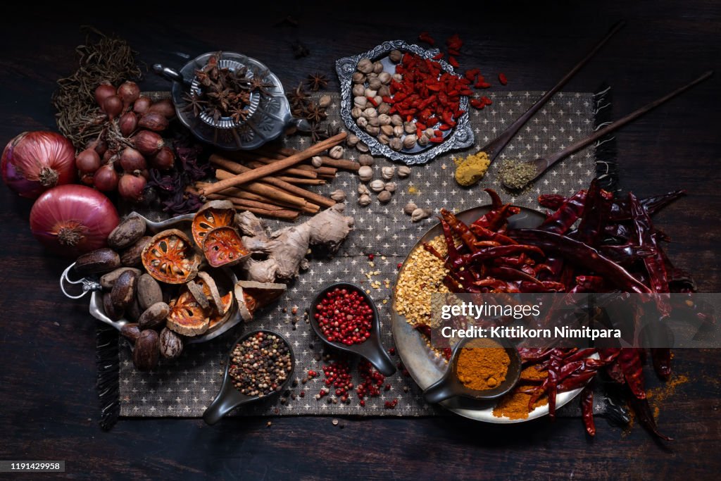Flat lay view of spices on wood backgrounds.