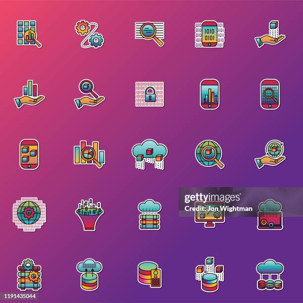 smart technology data thin line icon sticker synthwave colors set - funnel graph stock illustrations