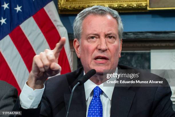 New York Mayor Bill de Blasio speaks to the media during a press conference at City Hall on January 3, 2020 in New York City. The NYPD will take...