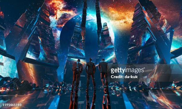group of businessmen watching planet standing in futuristic tunnel - 3d character imagens e fotografias de stock