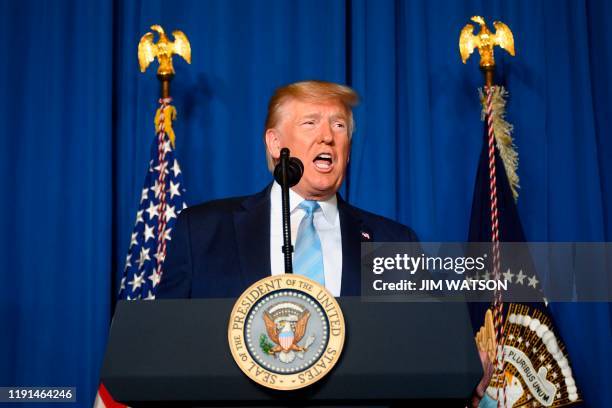 President Donald Trump makes a statement on Iran at the Mar-a-Lago estate in Palm Beach Florida, on January 3, 2020. - President Donald Trump said on...