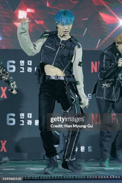 Kai of boy band EXO perform on stage during the world premiere of '6 Underground' at Dongdaemun Design Plaza on December 02, 2019 in Seoul, South...