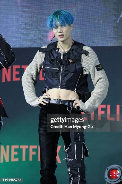 Kai of boy band EXO perform on stage during the world premiere of '6 Underground' at Dongdaemun Design Plaza on December 02, 2019 in Seoul, South...