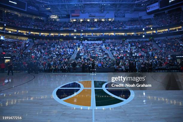 View of center court before the game between the New Orleans Pelicans and the Utah Jazz on November 23, 2019 at vivint.SmartHome Arena in Salt Lake...