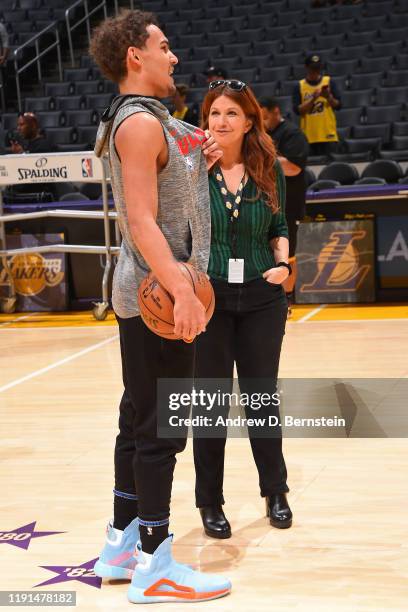 Trae Young of the Atlanta Hawks talks with ESPN reporter, Rachel Nichols on November 17, 2019 at STAPLES Center in Los Angeles, California. NOTE TO...