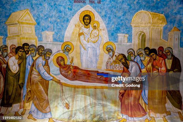 Fresco in the Greek orthodox church of the Annunciation, Nazareth, Israel. Mary's death.