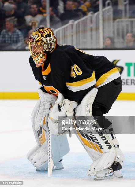 Tuukka Rask of the Boston Bruins looks on during the second period at TD Garden on December 01, 2019 in Boston, Massachusetts.