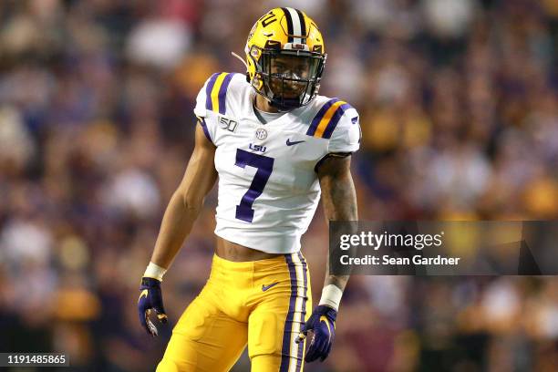 Grant Delpit of the LSU Tigers in action during a game at Tiger Stadium against the Texas A&M Aggies on November 30, 2019 in Baton Rouge, Louisiana.