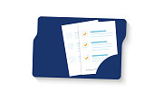 Document. Folder with document, stamp and text. Stack of agreements document with signature and approval stamp. Contract papers