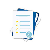 Document. Folder with papers. Contract papers. Contract conditions, research or approval validation document. Folder with stamp and text silhouettes.